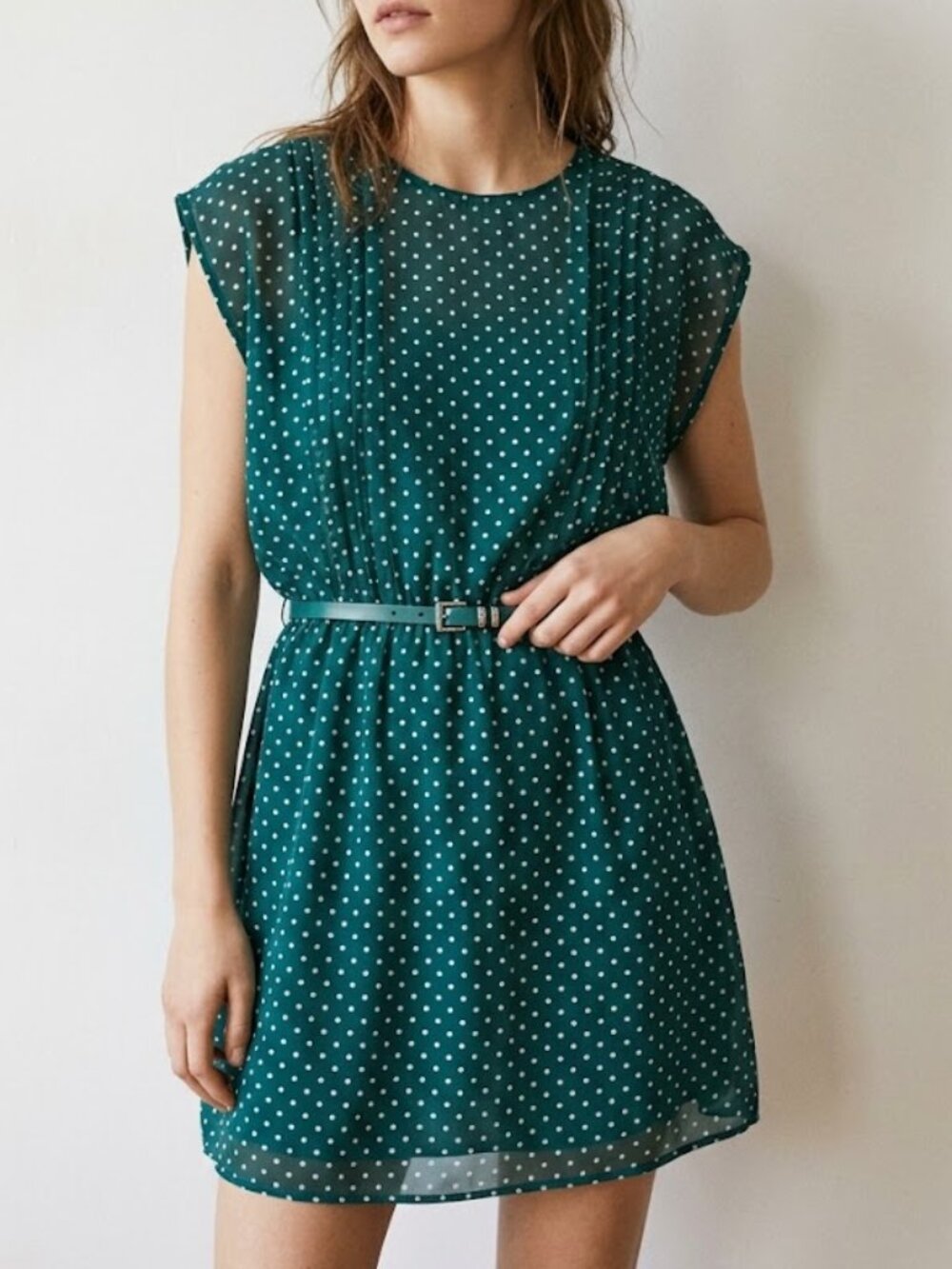 NWT Zara Trafaluc Teal Green Polka Dot Belted Mini Dress Cap Sleeve M